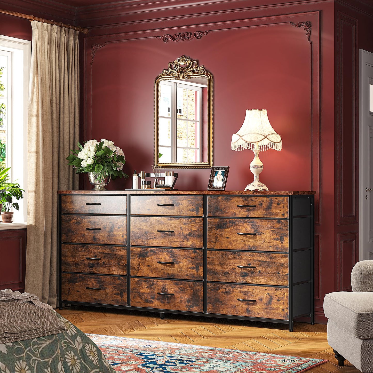 55" Dresser for Bedroom with 12 Fabric Drawers, Entertainment Center for 60 inch TV Dressers & Chests of Drawers Large Storage Organizer for Closet, Living Room, Metal Frame, Wood Top, Rustic Brown