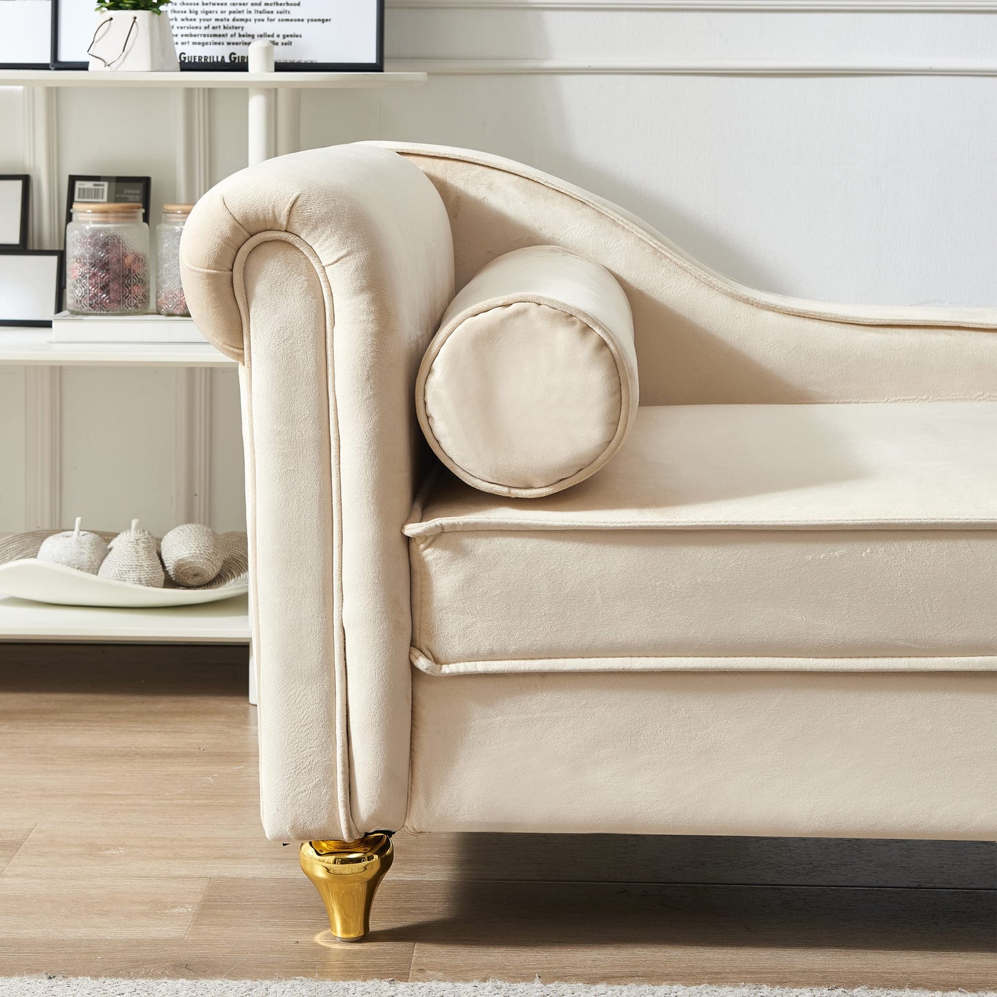 60.6''Velvet Chaise Lounge Indoor, Modern Velvet Sofa Lounge Chair with Storage,Upholstery Button Tufted Lounge Sofa Sleeper with Left Armrest & Lumbar Pillow for Living Room,Bedroom,Office,Beige