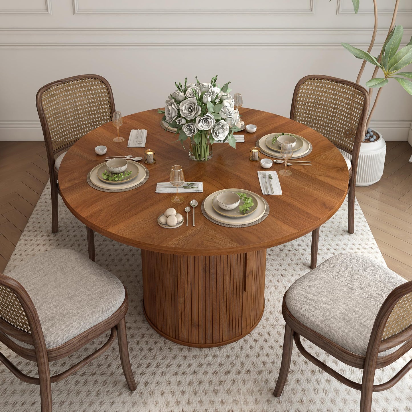 weselon 47 inch Round Dining Table for 4, Kitchen Table Dinner Table with 2-Layer Storage Shelf and Wood Slide Door for Home Dining Room Living Room (Walnut)