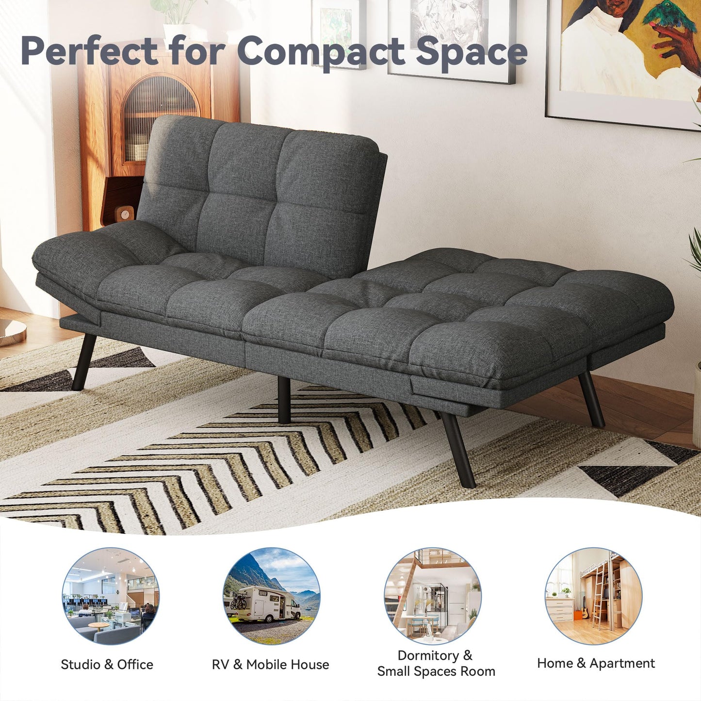 Vyfipt Convertible Futon Sofa Bed, 71" Memory Foam Futon Couch with Detachable,Adjustable Backrest,Linen Fabric Folding Small Loveseat Sleeper for for Living Room,RV,Office,Apartment,Light Grey
