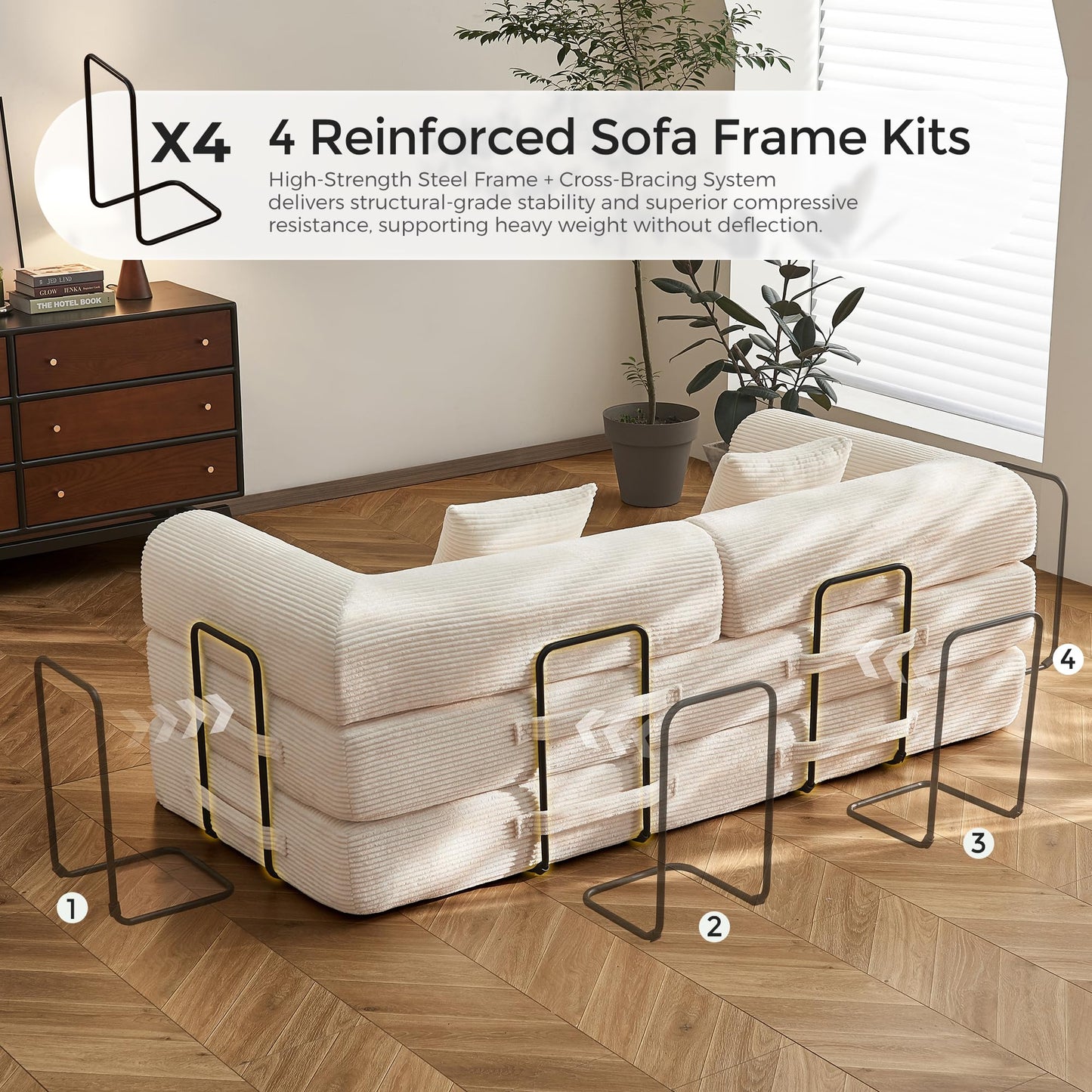 79" Convertible Sofa Bed with Fixed-Shape Frame & Removable Armrests, Modular Corduroy Sleeper Sofa, Folding Mattress Couch for Small Spaces - No Assembly Needed in White (Includes 2 Pillows)