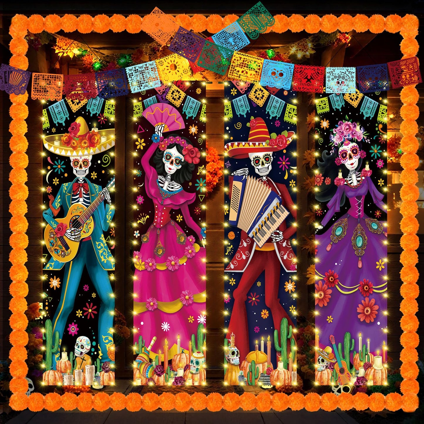 VitalCozy 10 Pcs Day of The Dead Decorations Dia De Los Muertos Porch Sign Banners with LED Lights Halloween Sugar Skull Decor Mexico Dia De Los Muertos Altar Backdrop Papel Picado Marigold Garland