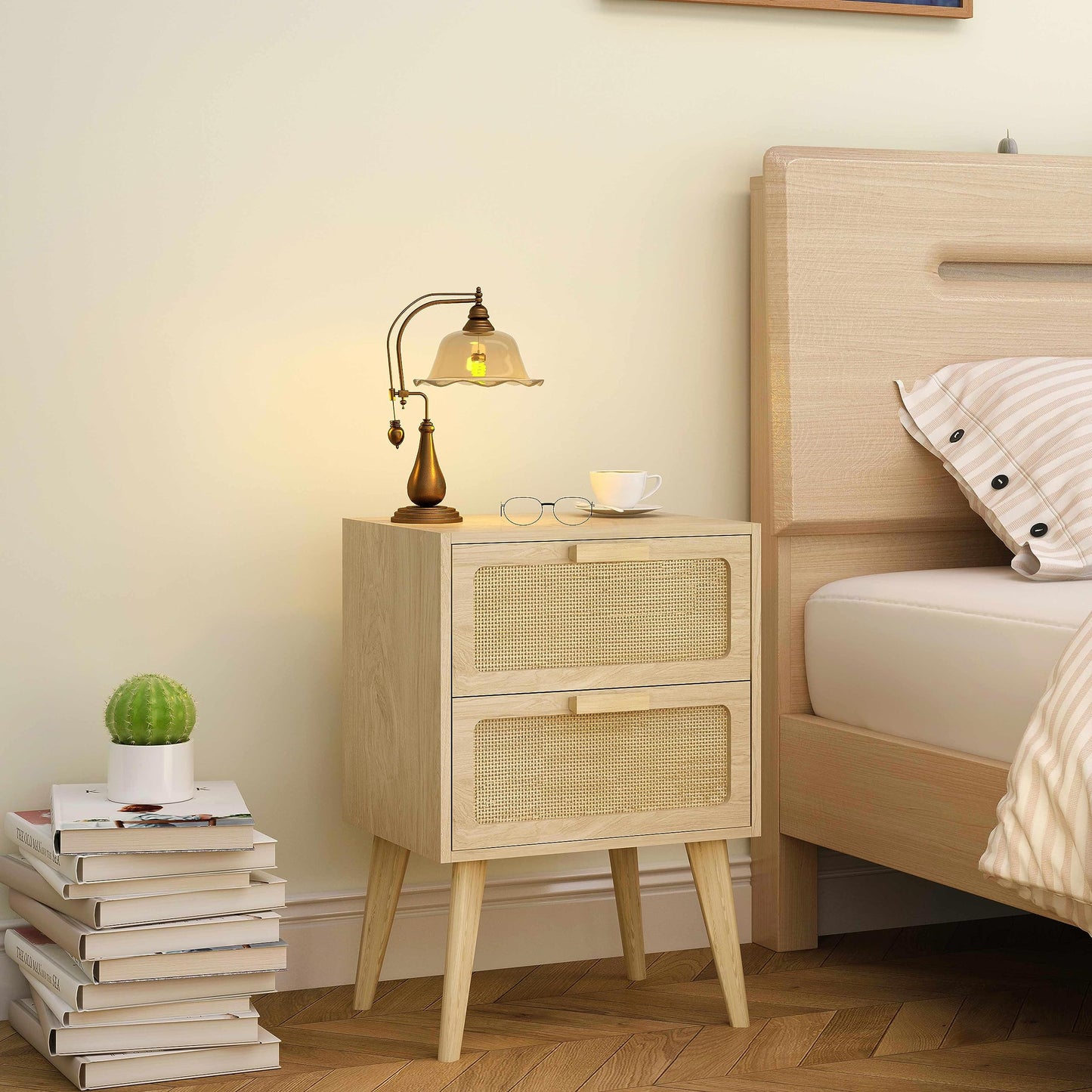 YAUKOMEL Rattan Nightstand,Boho Bedside with Storage,End Table,Side Table with 2 Hand Made Rattan Decorated Drawers for Small Space,Livingroom,Bedroom,Natural 11.8" D x 16" W x 22.4" H CTG59Y
