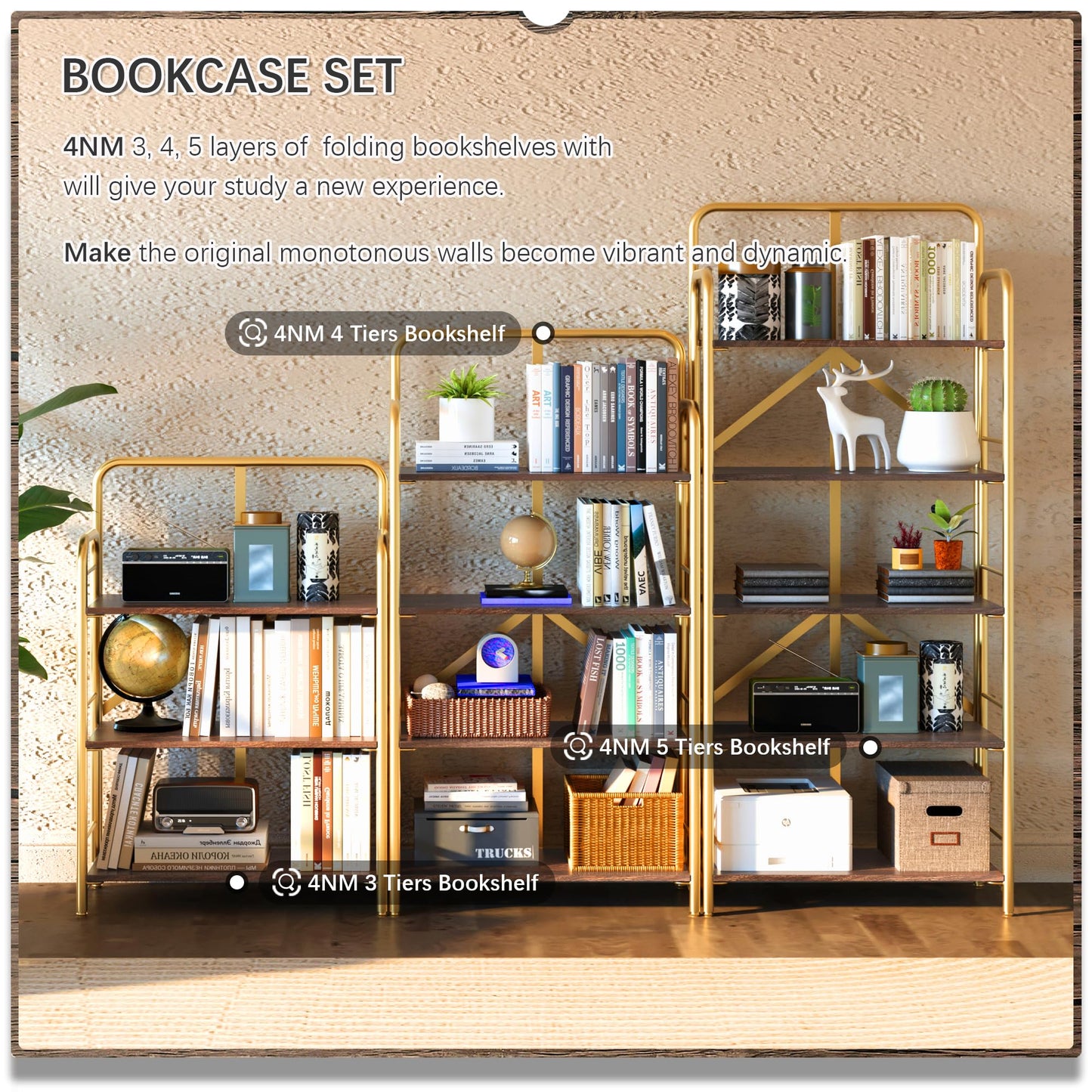 4NM No Assembly Folding Bookshelf 5 Tiers Vintage Industrial Gold Book Shelf Metal Foldable Storage Bookcase and Bookshelves for Living Room,Bedroom and Kitchen - Brown