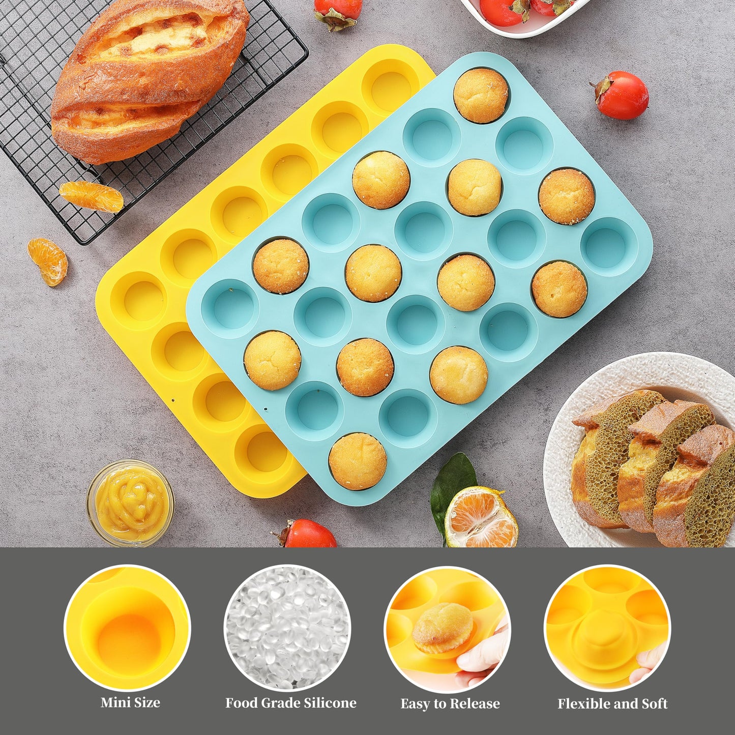 VRUIFA 2PCS Silicone Mini Muffin Pan, 24 Cups Nonstick Mini Cupcake Pan for Baking, BPA Free and Dishwasher Safe, Great for Making Muffin Cakes, Tart, Bread and Egg Bites