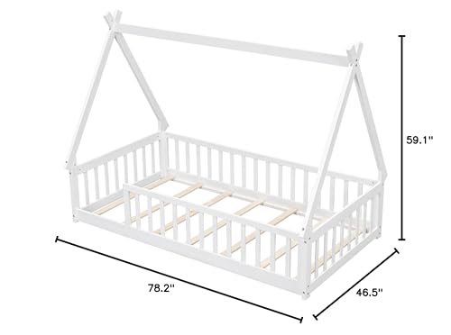 Wekuku Twin Tent Shaped Floor Bed for Kids – Teepee with Guardrails Slats, White Wooden Playhouse Bed for Bedroom, Montessori Inspired Design