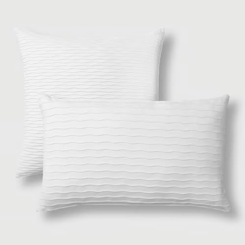 Wave Pattern Throw Pillow – White Cotton Square Cushion with Textured Design and Zipper Closure – Modern Accent for Sofa or Bed, 20 x 20 Inch