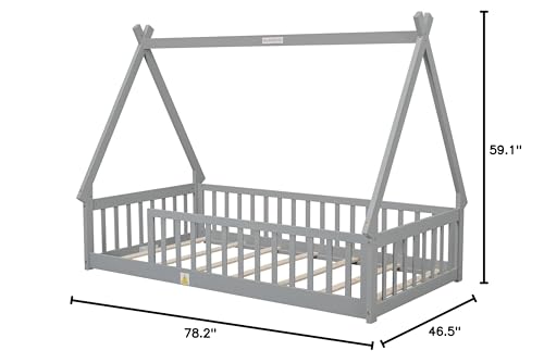 Wekuku Twin Tent Shaped Floor Bed for Kids – Teepee with Guardrails Slats, Grey – Low Profile Bed Frame for Bedroom, Playroom, Nursery