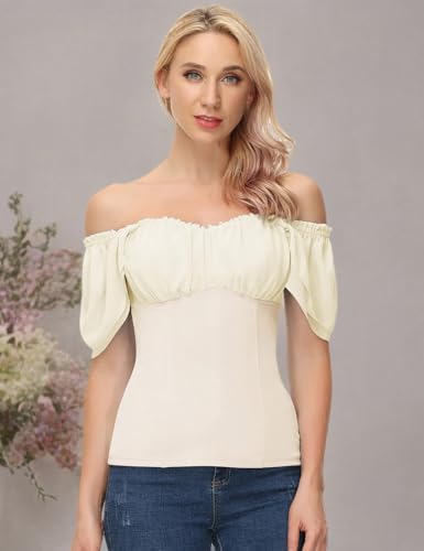 Womens Summer Top Off The Shoulder Vintage Top Flutter Ruffle Sleeve Victorian Shirt Slim Fit Blouse Beige M