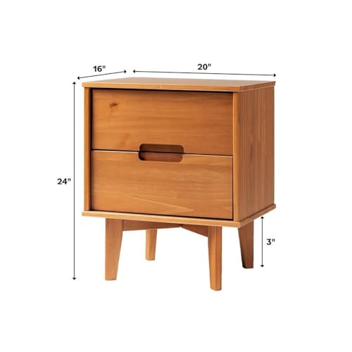 Walker Edison Mid Century Modern Grooved Handle Wood Nightstand Side Table Bedroom Storage Drawer and Shelf Bedside End Table, 2 Drawer, Caramel
