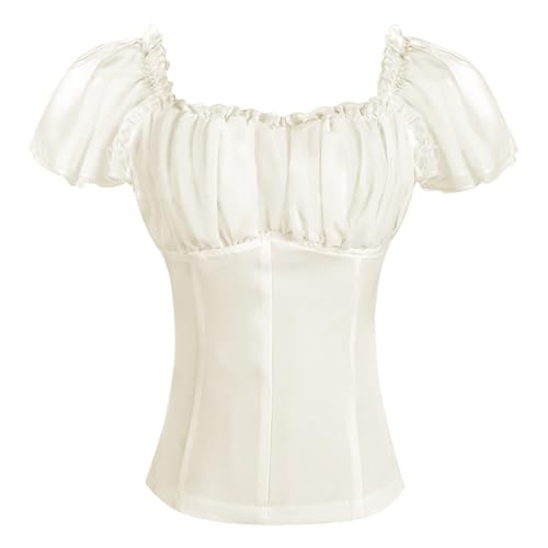Women Renaissance Shirt Off Shoulder Flutter Short Sleeve Top 2025 Summer Square Neck Peasant Blouses Tunics Beige
