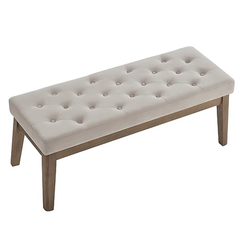 24KF Velvet Upholstered Buttons Tufted Entryway Bench with Solid Wood Leg,Bed Bench Ottoman with Padded Seat,5034-Taupe