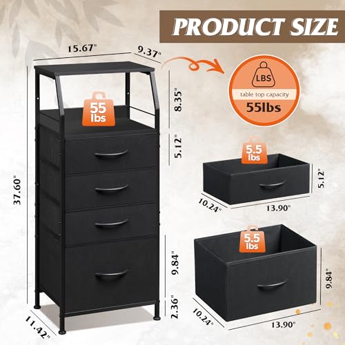 WLIVE Tall Nightstand with 4 Fabric Drawers & Open Shelf, Bedside Table for Bedroom, Modern Tall Dresser, Classic Black