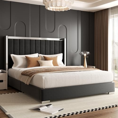58" Tall Queen Size Platform Bed Frame with Velvet Wingback Headboard & Channel Tufting Design, Silver Metal Trim and Chrome-Plated Legs, No Box Spring Needed, Easy Assembly，Noise Free, Black