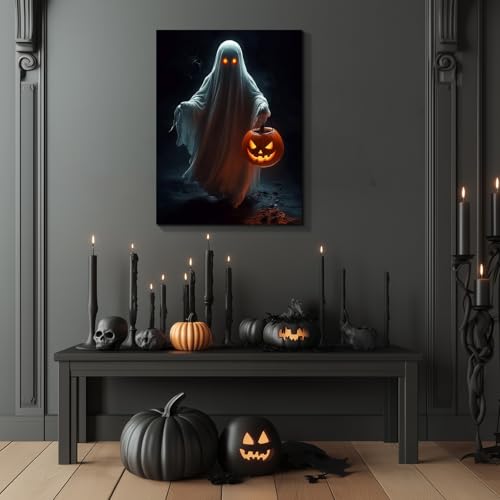 Wewejia Halloween Canvas Wall Art 12x16 Inch, Ghost Posters Pumpkin Lanterns Spooky Gothic Wall Decor Retro Dark Academic Style Art Prints Suitable for Living Room Bedroom Kitchen Corridor Home Decor