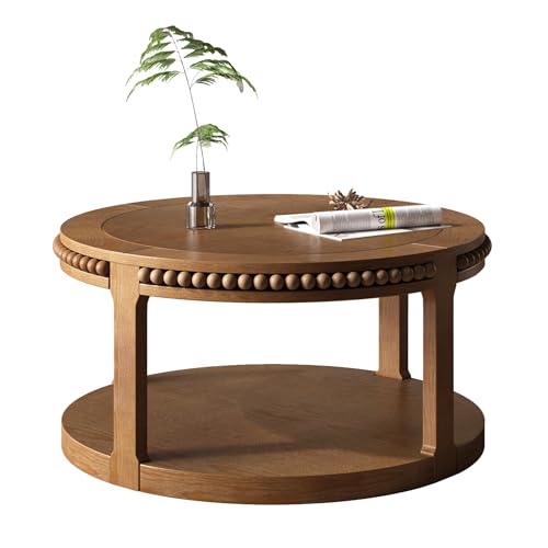 31.5" 2 Tier Round Wood Coffee Table with Open Storage Shelf, Modern Farmhouse Circle Center Table with Delicate Beaded Trim Edges & Sturdy Legs, Wooden Coffee Tables for Living Room, Walnut Brown