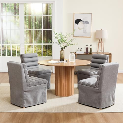 Ya-Home Modern Sipcovered Dining Chairs Set of 2, Mid Century Linen Fabric Upholstered Skirted Accent Chairs with Cylindrical Seat Solid Wooden Legs for Dining Room/Living Room/Kitchen, Grey