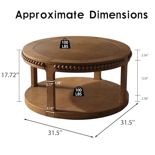 31.5" 2 Tier Round Wood Coffee Table with Open Storage Shelf, Modern Farmhouse Circle Center Table with Delicate Beaded Trim Edges & Sturdy Legs, Wooden Coffee Tables for Living Room, Walnut Brown