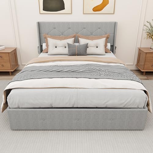 Viskmdi Queen Size Bed Frame with Lift Up Storage and Modern Wingback Headboard, Light Gray
