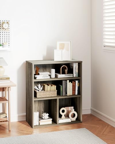 VPSMAT 3-Shelf Bookcase, Small Bookshelf with Storage, Wood Display Shelves for Bedroom, Living Room, Home Office, Grey