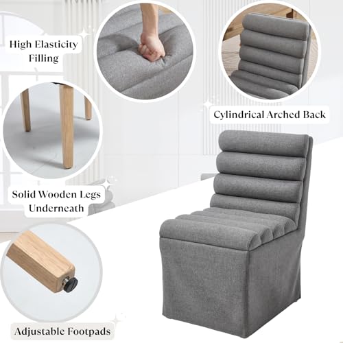 Ya-Home Modern Sipcovered Dining Chairs Set of 2, Mid Century Linen Fabric Upholstered Skirted Accent Chairs with Cylindrical Seat Solid Wooden Legs for Dining Room/Living Room/Kitchen, Grey