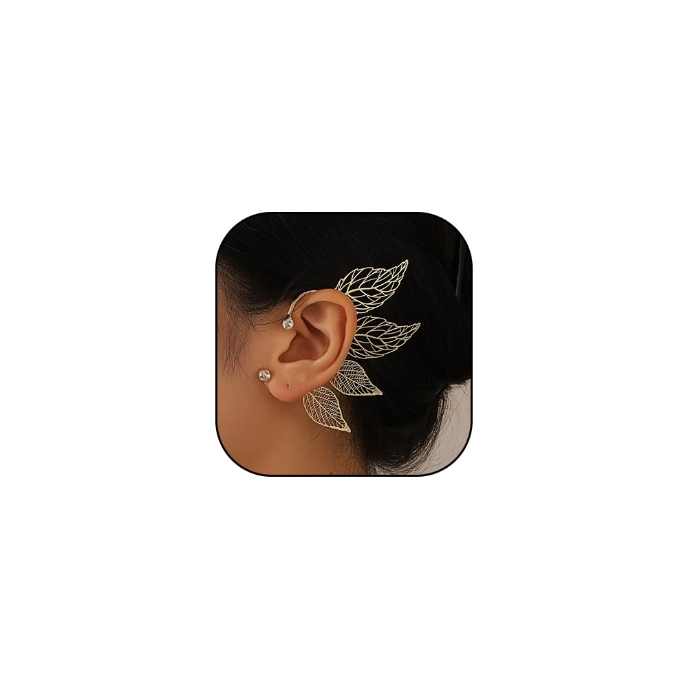 2Pcs Rhinestone Leaf Climbers Crawl Ear Clip Earrings Crystal Left Ear Cuff Wrap Clip Earring Jewelry for Women Party Accessories (Gold)