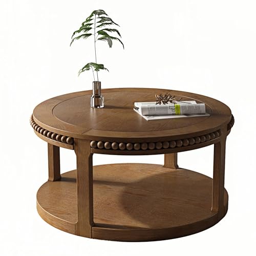 31.5" 2 Tier Round Wood Coffee Table with Open Storage Shelf, Modern Farmhouse Circle Center Table with Delicate Beaded Trim Edges & Sturdy Legs, Wooden Coffee Tables for Living Room, Walnut Brown