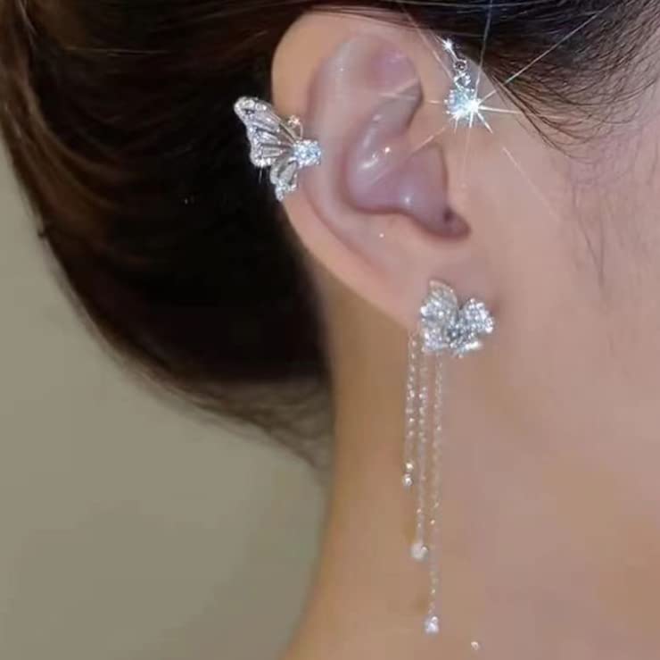 2PCS Butterfly Tassel Zircon Earrings - Butterfly Ear Cuffs, No Piercing, Fairy Ear Clip Jewelry Gifts (style s)