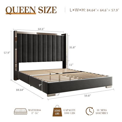 58" Tall Queen Size Platform Bed Frame with Velvet Wingback Headboard & Channel Tufting Design, Silver Metal Trim and Chrome-Plated Legs, No Box Spring Needed, Easy Assembly，Noise Free, Black