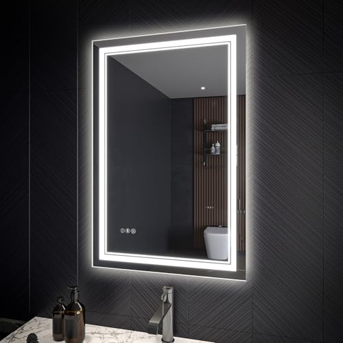 24x36 LED Lighted Mirror for Bathroom with Front Light and Backlit, Dimmable Anti-Fog Wall Bathroom Mirror with Led Lights, Power-Off Memory, Water Proof, Decor Vanity Mirror
