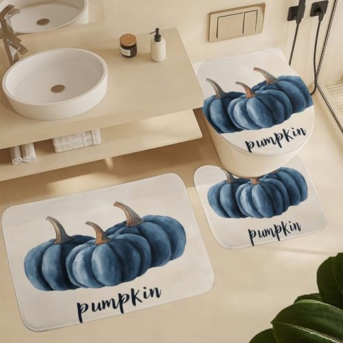 3 Pieces Bathroom Rug Set Blue Pumpkins Toilet Lid Cover and Bath Mat Autumn Halloween Thanksgiving Absorbent Bath Rug Set Soft Comfortable Washable Bath Mat Sets 16"x24"
