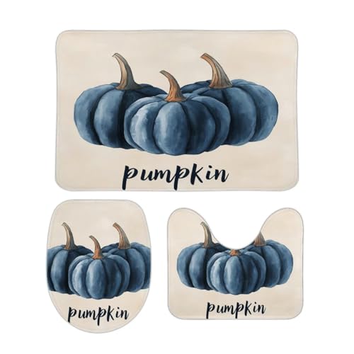 3 Pieces Bathroom Rug Set Blue Pumpkins Toilet Lid Cover and Bath Mat Autumn Halloween Thanksgiving Absorbent Bath Rug Set Soft Comfortable Washable Bath Mat Sets 16"x24"
