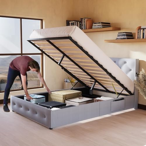 Viskmdi Queen Size Bed Frame with Lift Up Storage and Modern Wingback Headboard, Light Gray