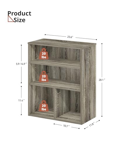 VPSMAT 3-Shelf Bookcase, Small Bookshelf with Storage, Wood Display Shelves for Bedroom, Living Room, Home Office, Grey