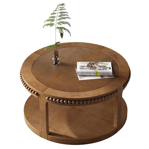 31.5" 2 Tier Round Wood Coffee Table with Open Storage Shelf, Modern Farmhouse Circle Center Table with Delicate Beaded Trim Edges & Sturdy Legs, Wooden Coffee Tables for Living Room, Walnut Brown