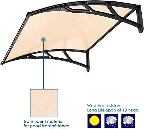 Window Awning Outdoor Polycarbonate Hollow Sheetfor Doors Polycarbonate Cover Patio Door Awning Rain Snow Sunlight(Silver Canopy + Black Bracket, 40" x 40")