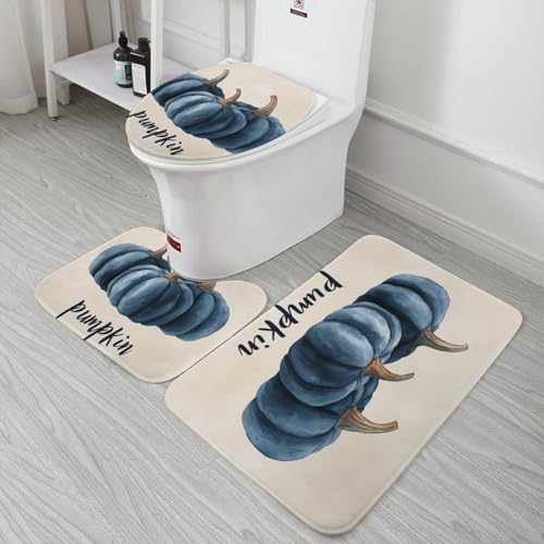 3 Pieces Bathroom Rug Set Blue Pumpkins Toilet Lid Cover and Bath Mat Autumn Halloween Thanksgiving Absorbent Bath Rug Set Soft Comfortable Washable Bath Mat Sets 16"x24"
