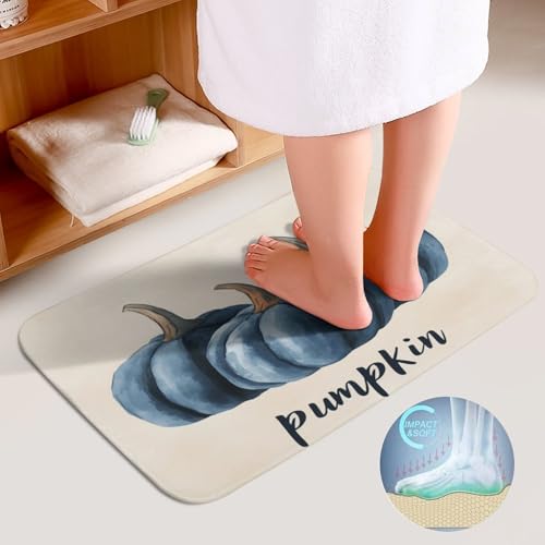 3 Pieces Bathroom Rug Set Blue Pumpkins Toilet Lid Cover and Bath Mat Autumn Halloween Thanksgiving Absorbent Bath Rug Set Soft Comfortable Washable Bath Mat Sets 16"x24"