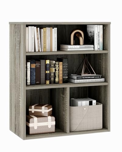 VPSMAT 3-Shelf Bookcase, Small Bookshelf with Storage, Wood Display Shelves for Bedroom, Living Room, Home Office, Grey