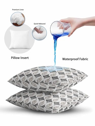Waterproof Pillow Cover & Insert Set of 2 Geometric Floral Throw Pillows Cushion Case 16x16 Inch Removable Pillowcase Soft Cotton Inner Pillow Abstract Vintage Gray Pillows for Couch Sofa Bed