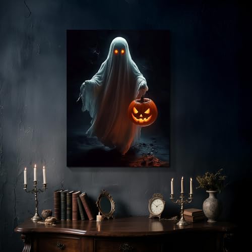 Wewejia Halloween Canvas Wall Art 12x16 Inch, Ghost Posters Pumpkin Lanterns Spooky Gothic Wall Decor Retro Dark Academic Style Art Prints Suitable for Living Room Bedroom Kitchen Corridor Home Decor