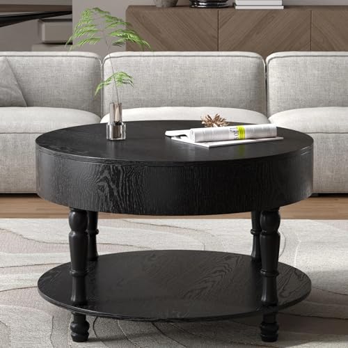 31.5" Round Wood Coffee Table with Hidden Storage, 2 Tier Modern Farmhouse Coffee Table with Open Bottom Shelf & Sturdy Carved legs, Rustic Circle Wooden Coffee Center Tea Table for Living Room, Black