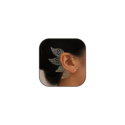 2Pcs Rhinestone Leaf Climbers Crawl Ear Clip Earrings Crystal Left Ear Cuff Wrap Clip Earring Jewelry for Women Party Accessories (Gold)