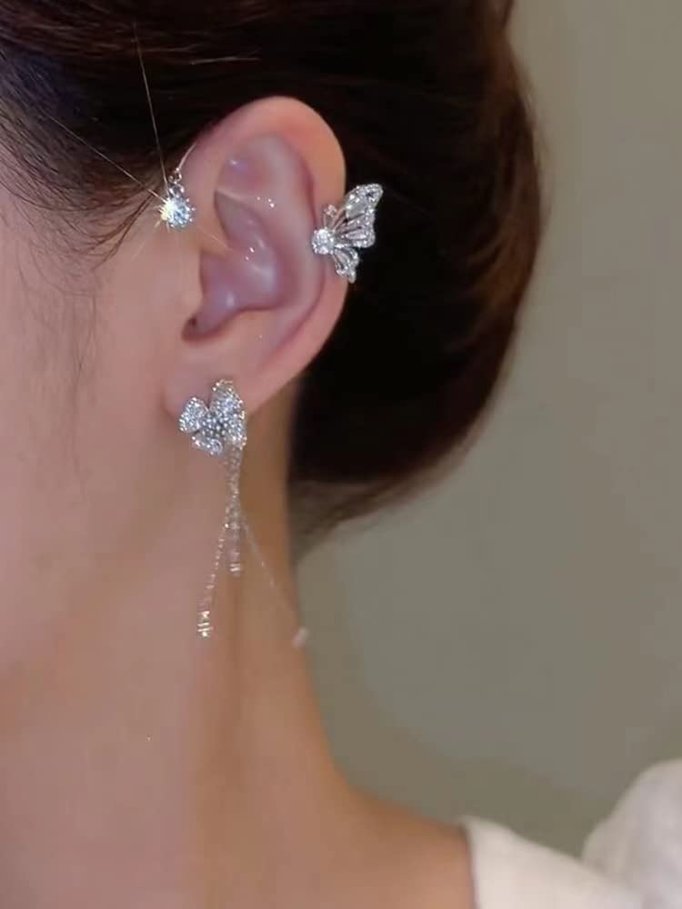 2PCS Butterfly Tassel Zircon Earrings - Butterfly Ear Cuffs, No Piercing, Fairy Ear Clip Jewelry Gifts (style s)
