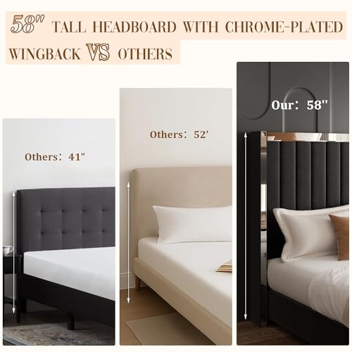 58" Tall Queen Size Platform Bed Frame with Velvet Wingback Headboard & Channel Tufting Design, Silver Metal Trim and Chrome-Plated Legs, No Box Spring Needed, Easy Assembly，Noise Free, Black