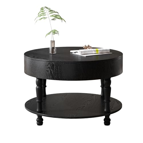 31.5" Round Wood Coffee Table with Hidden Storage, 2 Tier Modern Farmhouse Coffee Table with Open Bottom Shelf & Sturdy Carved legs, Rustic Circle Wooden Coffee Center Tea Table for Living Room, Black