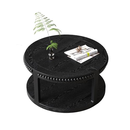 31.5" 2 Tier Round Wood Coffee Table with Open Storage Shelf, Modern Farmhouse Small Circle Center Table with Delicate Beaded Trim Edges & Sturdy Legs, Wooden Coffee Tables for Living Room, Black
