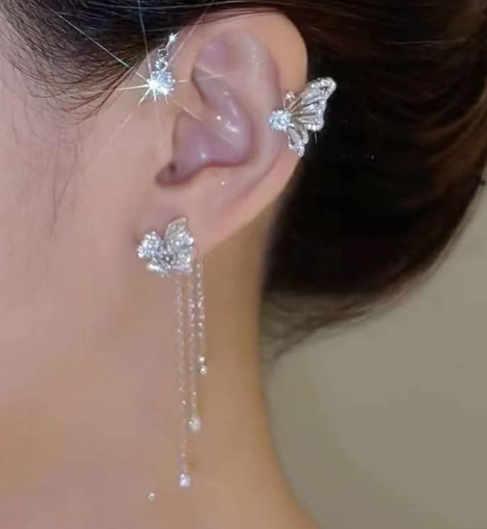 2PCS Butterfly Tassel Zircon Earrings - Butterfly Ear Cuffs, No Piercing, Fairy Ear Clip Jewelry Gifts (style s)