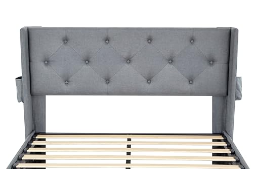 Viskmdi Queen Size Bed Frame with Lift Up Storage and Modern Wingback Headboard, Light Gray