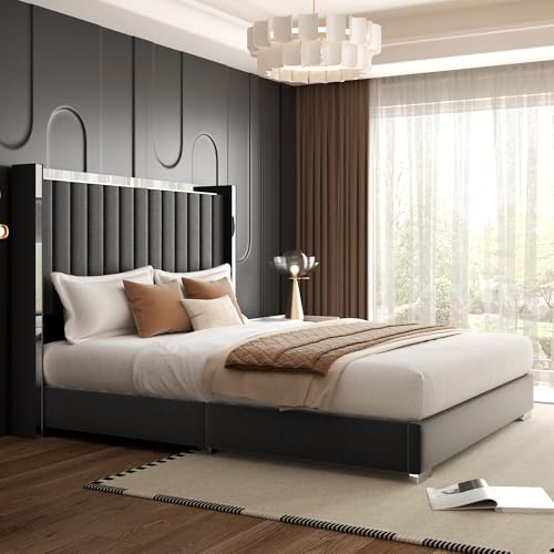58" Tall Queen Size Platform Bed Frame with Velvet Wingback Headboard & Channel Tufting Design, Silver Metal Trim and Chrome-Plated Legs, No Box Spring Needed, Easy Assembly，Noise Free, Black